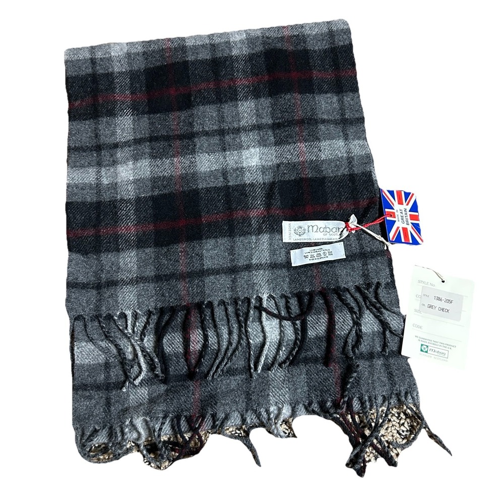 Maban of Scotland Grey Check Lambswool‎ Scarf Plaid Fringe Wrap 11"x58"